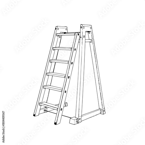 Monochrome engineering sketch of a symmetric A-frame stepladder with a sturdy base and evenly spaced rungs, rendered in precise uniform bold strokes, every rail and rung defined with clean lines and m