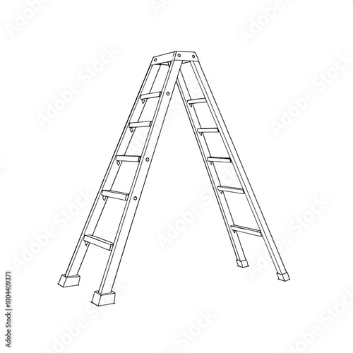 Monochrome engineering sketch of a symmetric A-frame stepladder with a sturdy base and evenly spaced rungs, rendered in precise uniform bold strokes, every rail and rung defined with clean lines and m