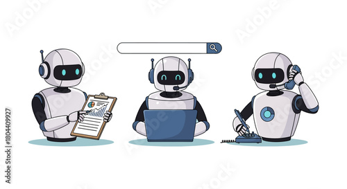 ai business robots performing data analysis virtual assistant and customer service tasks illustrating automation and future of work technology.