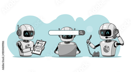 ai business solutions three robots analyze data search online and provide customer support illustrating automation and digital transformation.