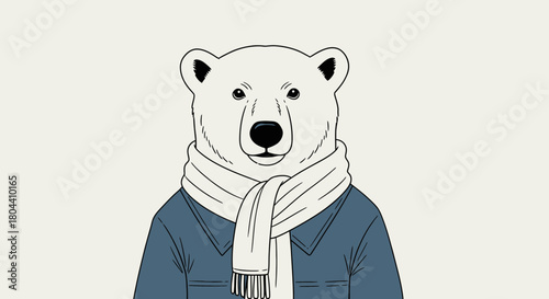 Cartoon portrait of a polar bear dressed in a jacket and scarf illustration