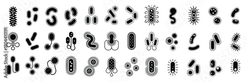 Bacteria icons in black and white, illustrating different types of germs