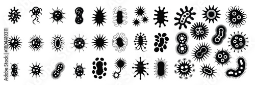 Diverse collection of black and white bacteria cells and virus icons