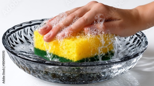 Human hand using a sponge to wash a dish in a clear bowl with bubbles, isolated on a white background