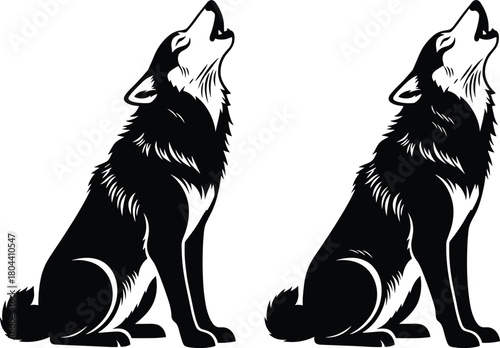 Twin howling wolves in black and white, symmetrical wildlife vector for nature, forest, predator, animal art, and outdoor themes