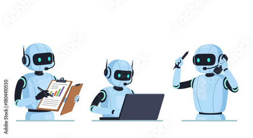 ai robots doing office tasks data analysis computer work and customer support representing modern business automation.
