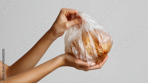 Person's hands delicately unwrapping food packaged in clear plastic. Soft natural lighting highlights the texture of the packaging and food