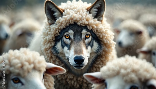 Portrait shows wolf in sheep costume among flock of sheep. Conceptual image idea of hiding. Wolf looks like sheep. Wild animal disguised among domestic livestock animals. Secret agent concept idea.