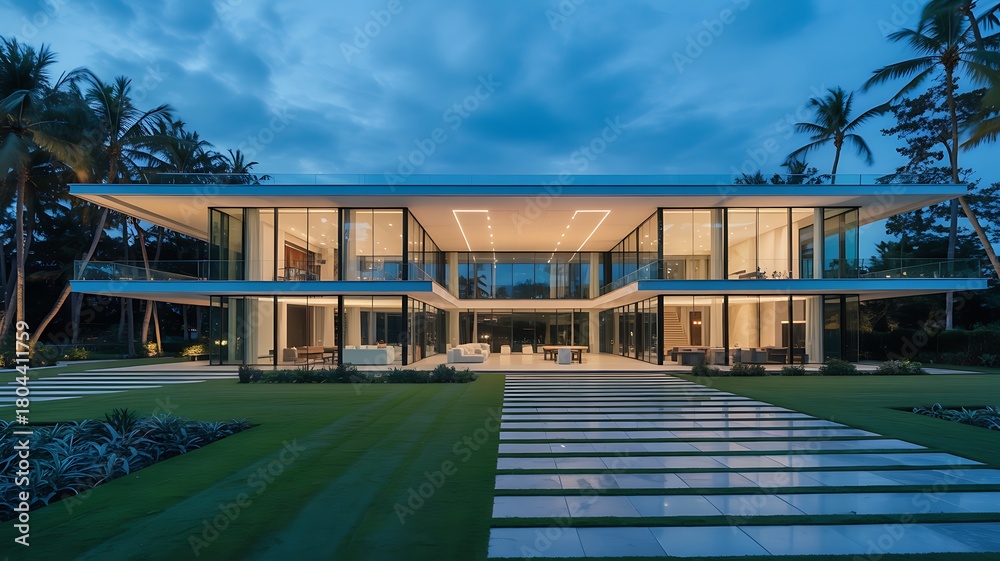Fototapeta premium Modern luxury mansion with glass walls and palm trees at dusk