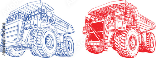 Large Mining Trucks Heavy Duty Machinery Vehicle Outlines in Blue and Red Heavy Industrial Transportation Blueprint Construction Equipment Concept for Industry Designs