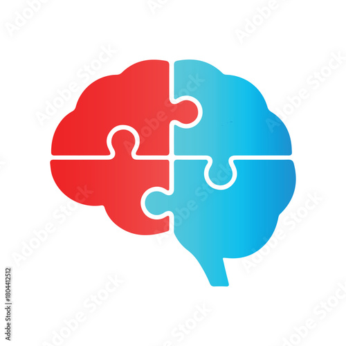 Four connected red and blue jigsaw puzzle pieces forming a human brain. Symbolizes logical vs. creative thinking, left and right brain hemispheres, problem solving, and complex thought processes.