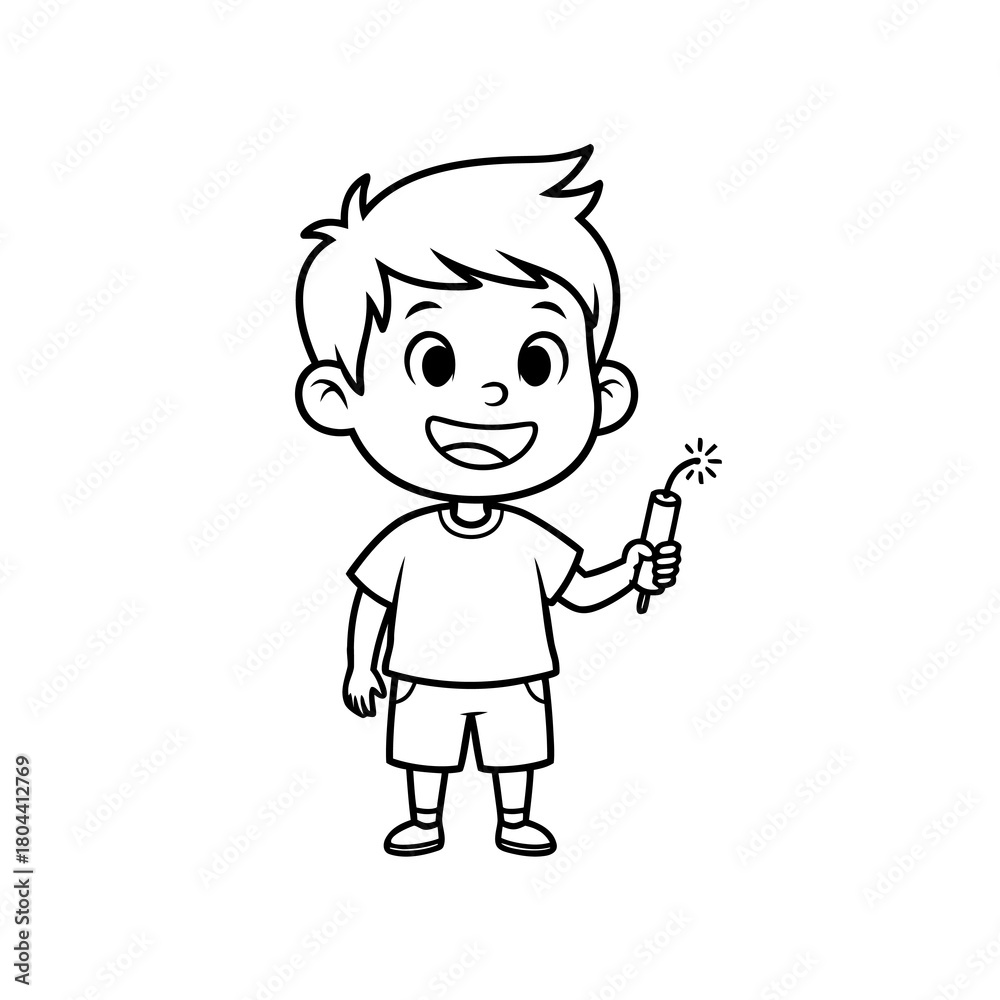 Fototapeta premium Monochrome Outline of Happy Boy Holding Lit Celebration Firecracker
