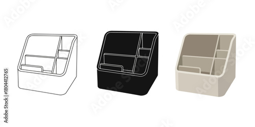 Multipurpose desk organizer Vector Set in Three Styles — Line Art, Silhouette and Color Version with multiple compartments and elevated design style vector graphic