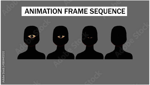 Abstract Shadow Man Eye Reveal Animation Frame Sequence. Single Human Eye Opening and Closing Effect. Dark Character Silhouette Motion Graphic for Mystery Concept.