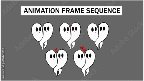 Cute Animated Ghosts in Love Vector Frame Sequence, Adorable Romantic Phantom Couple Motion Graphic, Valentine's Day Affectionate Spirit Element.