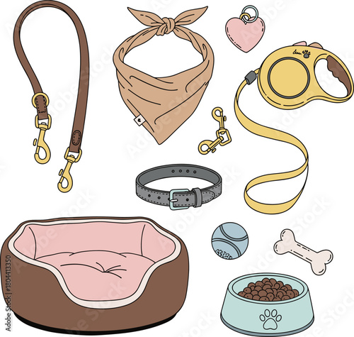 Dog accessories cartoon set, leash, collar, bed, bowl, chew toy, pet supplies, vector illustration, cute style, animal care