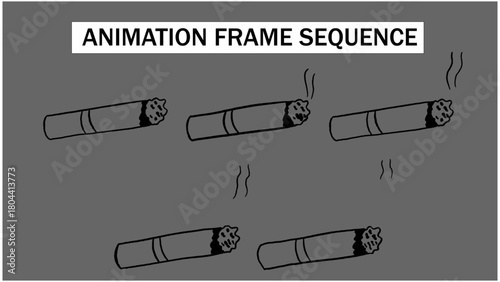 Hand-Drawn cigarette Outline Burning Object Animation Frame Sequence. Sketchy Item with Rising Smoke Effect. 2D Abstract Vapor Graphic Element for Illustration.