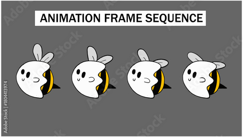 Cute Cartoon Flying Bee Character Animation Frame Sequence. Adorable Insect Mascot Loop Element. Simple Hand-Drawn Nature Graphic for Kids and Education.