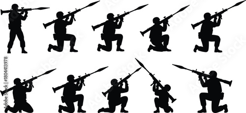Silhouettes of soldiers with RPG launchers, military poses, tactical stances, combat readiness, warfare illustration, army training, defense concept