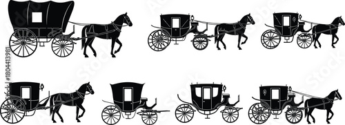 Vintage horse-drawn carriage silhouettes, historical transport icons, antique wagon vector set, retro coach clipart, equestrian travel illustration, black graphic