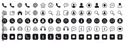 Clean thin outline contact icon collection with phone, mail, fax, support, and info symbols — suitable for UI design, websites, mobile apps, and vector graphics projects.