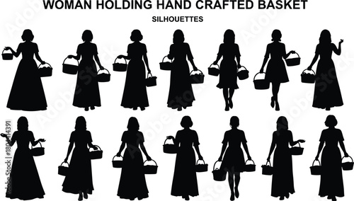 Woman holding handcrafted basket silhouettes collection, female figure carrying handmade woven baskets, traditional craft illustration set for design and decor projects