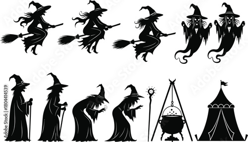 Witch silhouette vector set with flying broomsticks, ghosts, cauldron, and tent, perfect for Halloween, fantasy, magic, and folklore themes