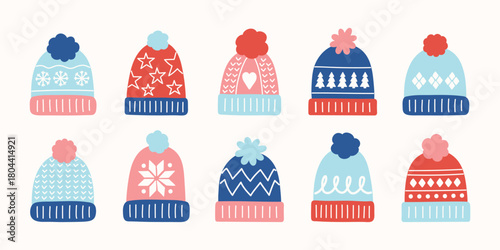 Cute hand drawn winter hat set. Christmas elements. Vector illustration