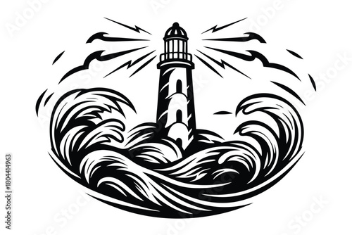 A black lighthouse stands amidst turbulent waves, its beam cutting through the darkness
