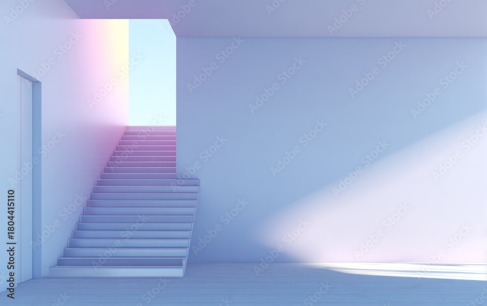 Obraz premium Interior scene of a modern architectural structure with ascending stairs. Sunlight illuminates walls