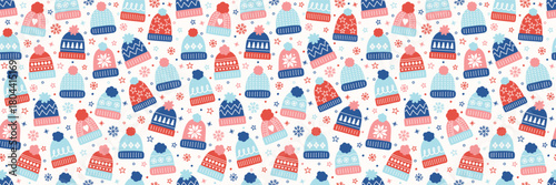 Seamless pattern with cute cartoon winter hats. Christmas background design. Banner. Vector illustration