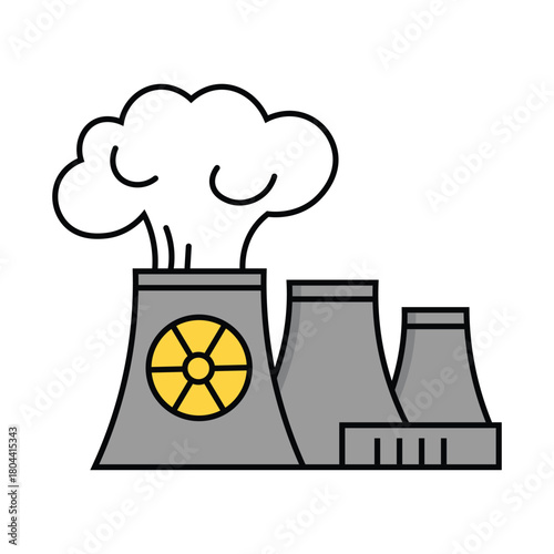 Iconic nuclear power plant drawing with gray silos against white background displays energy