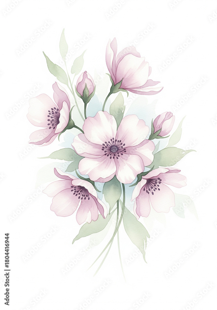 Fototapeta premium Soft pastel watercolor flowers with gentle petals, light washes, dreamy gradients, delicate brushstrokes, minimal composition