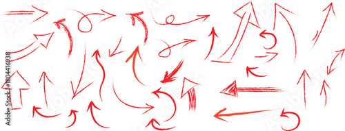 Collection of glowing red arrows on a dark background.  A dynamic arrangement of numerous red arrows, varying in size and direction, set against a deep black backdrop with a luminous effect.