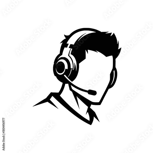 Black and White Vector Silhouette Illustration of Character with Headset and Microphone for Gaming, Customer Service, or Digital Communication