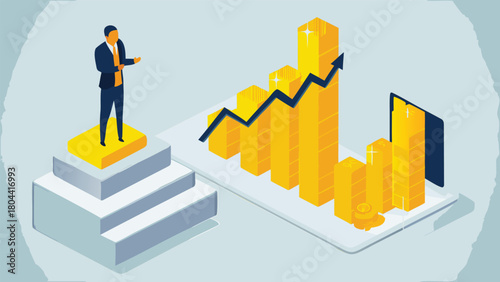 Business analyst uses futuristic holographic interface to analyze complex data charts and graphs for strategic insights and decision making