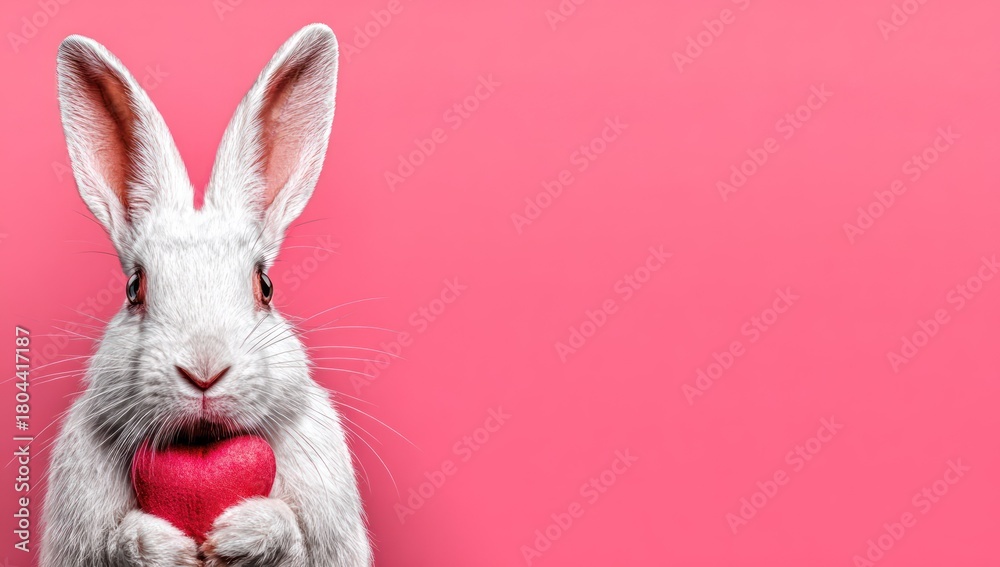 Obraz premium A fluffy white bunny holding a red heart against a vibrant pink background