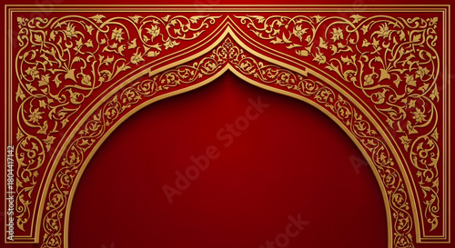 A decorative golden arch with intricate floral and vine patterns on a rich red background.