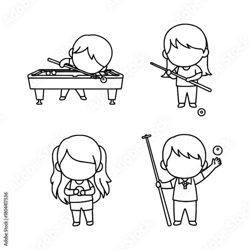 Cartoon Kids Playing Billiards in Various Fun Poses