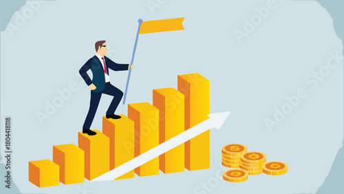 Dynamic business leader ascends a staircase constructed from vibrant bar charts symbolizing growth progress and financial success in a corporate setting