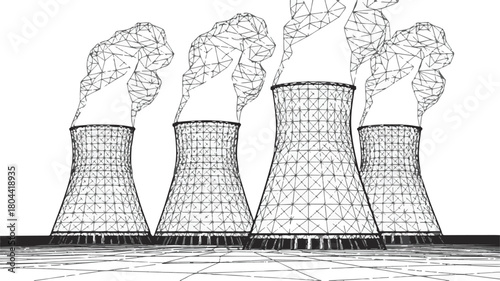 Wireframe Illustration of Cooling Towers with Smoke Plumes