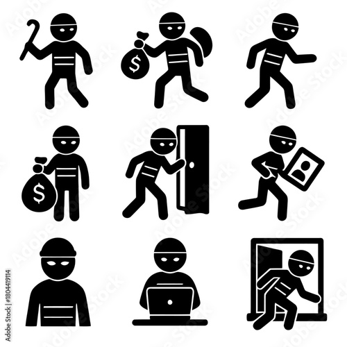 Bank Robber, Thief, and Criminal Action Silhouette Icons Set