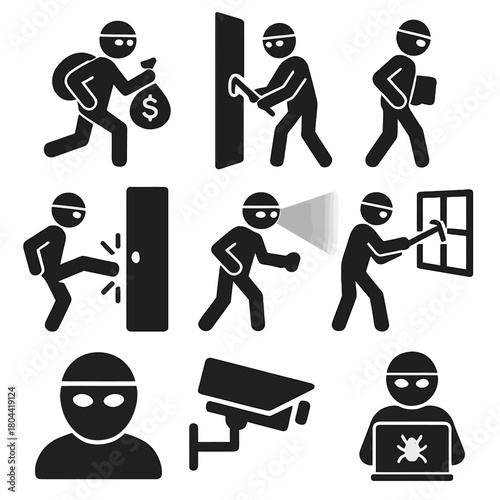 Robbery, Thief, and Crime Activity Vector Icons Set