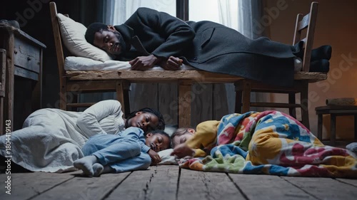 In a warmly lit room at night, a parent rests above a bed while two children sleep on the floor, cuddled under colorful blankets. The atmosphere feels safe and comforting.