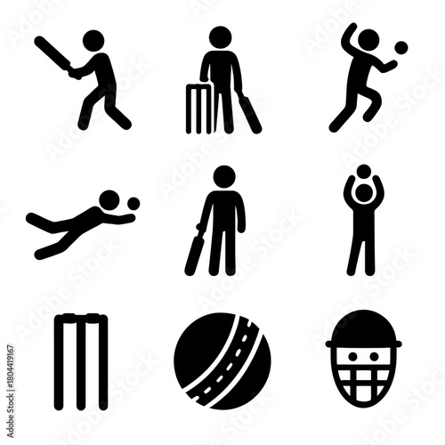 A set of black silhouette vector icons representing various actions and equipment used in the sport of cricket. The collection includes a batsman in mid-swing, a bowler running up, a fielder making a 