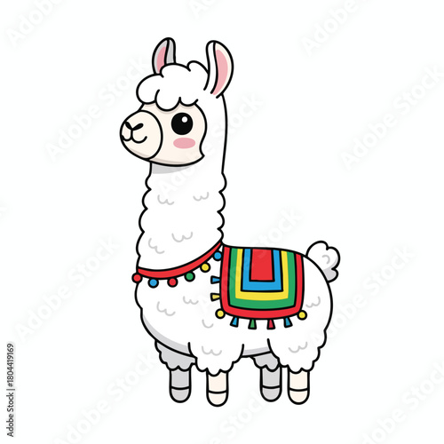 Cute Cartoon Llama with Colorful Traditional Blanket Illustration
