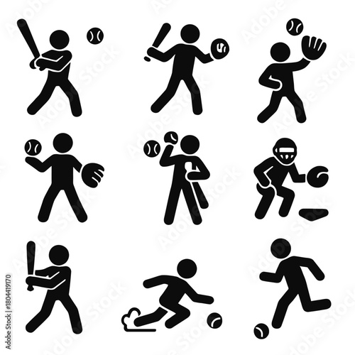 Baseball and Softball Vector Icon Set: Player Actions, Equipment, and Game Symbols
