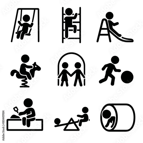 Children's Playground Equipment and Playing Kids Vector Icon Set