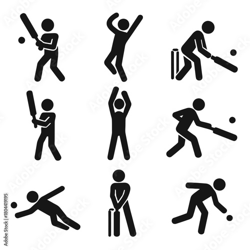 A detailed set of black silhouette vector icons illustrating various dynamic actions and movements of cricket players.