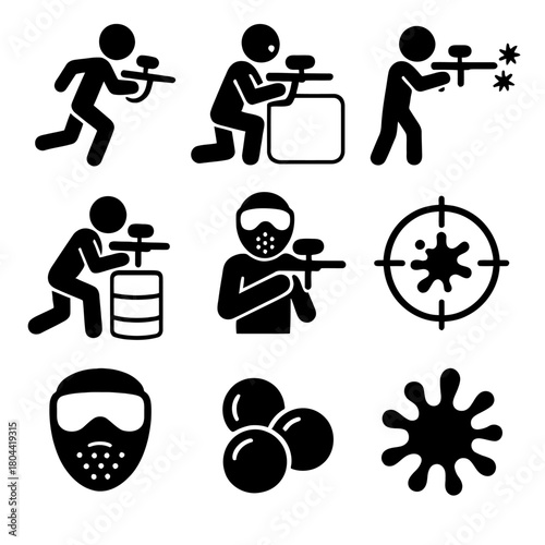 Paintball Game, Marker Gun, and Player Action Vector Icon Set